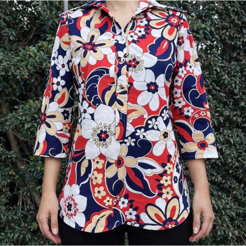 Vintage 1970s Anthony’s Psychedelic Blue Orange Button Down Shirt Women’s Medium